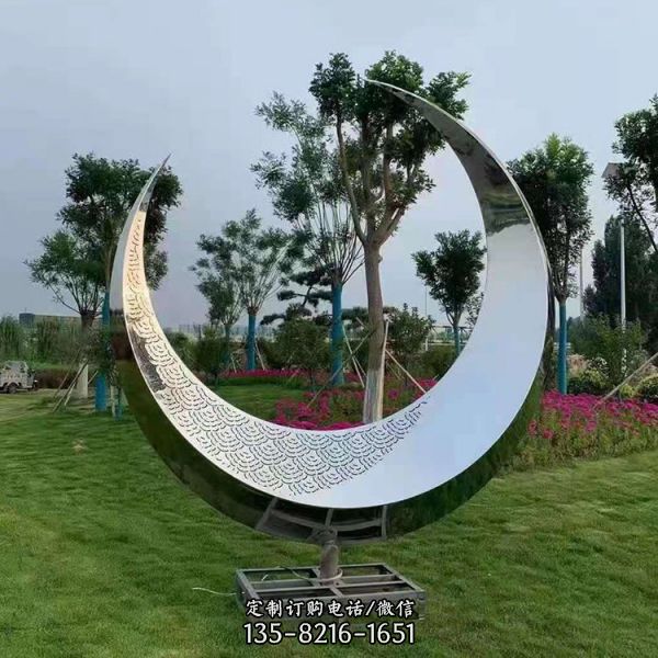 大型不锈钢月亮雕塑 定制镜面镂空发光圆环摆件雕塑（1）