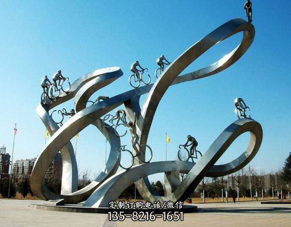 广场大型不锈钢抽象运动骑自行车人景观摆件