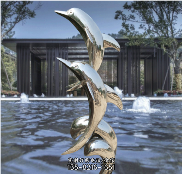 不锈钢镜面海豚，园林水景戏水装饰动物景观雕塑