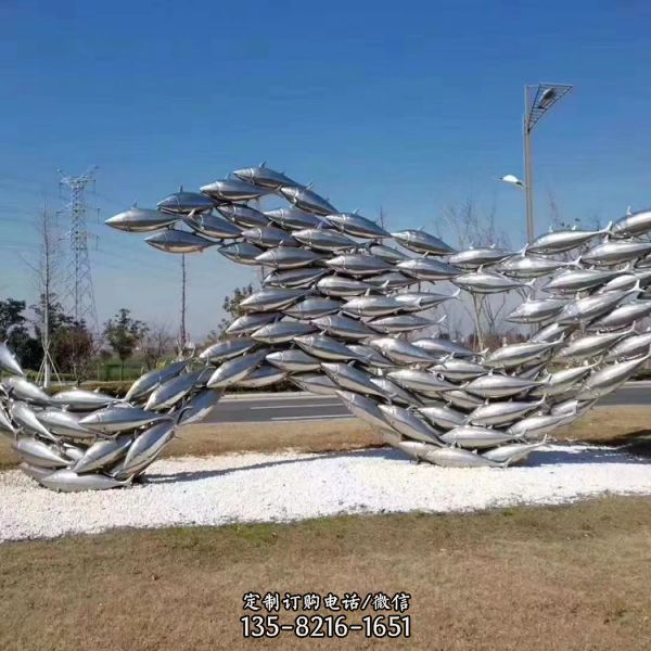 公园摆放不锈钢镜面抛光大型鱼群雕塑