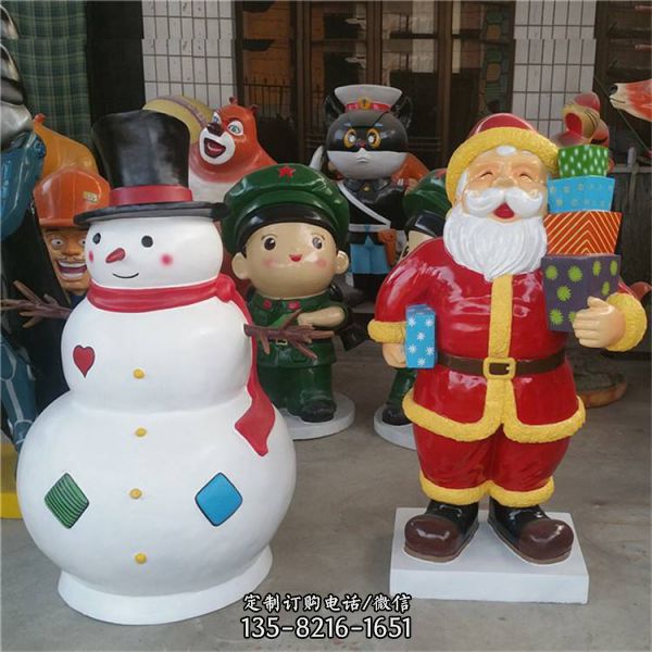 玻璃钢卡通彩绘雪人圣诞老人组合小品商场圣诞主题雕塑
