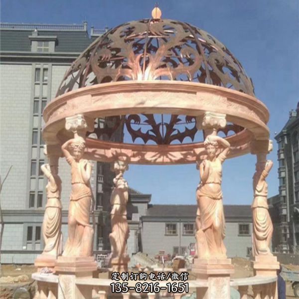 欧式大型圆形晚霞红石雕凉亭雕塑