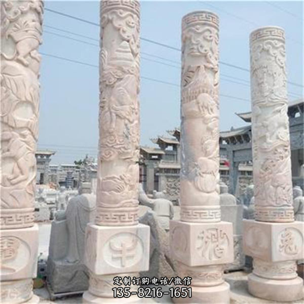 12生肖文化柱，晚霞红石雕柱子
