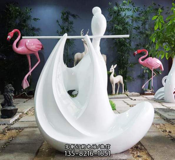玻璃钢抽象白色吹笛子人物雕塑喷泉景观摆件