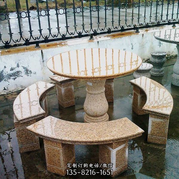 庭院摆放天然花岗岩雕刻圆形石桌石凳雕塑