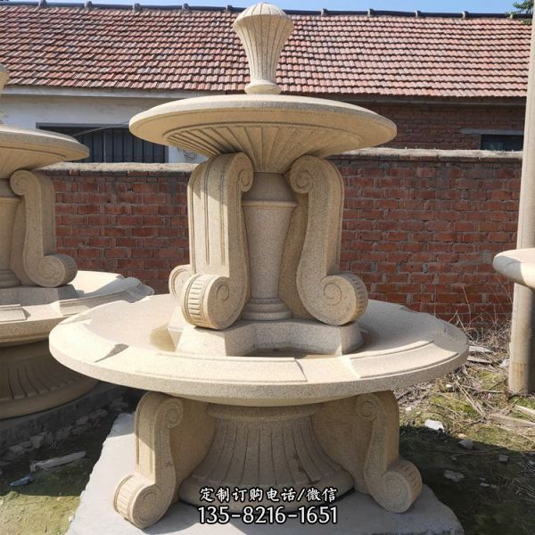 天然石材黄锈岩雕刻欧式花园流水喷泉水钵
