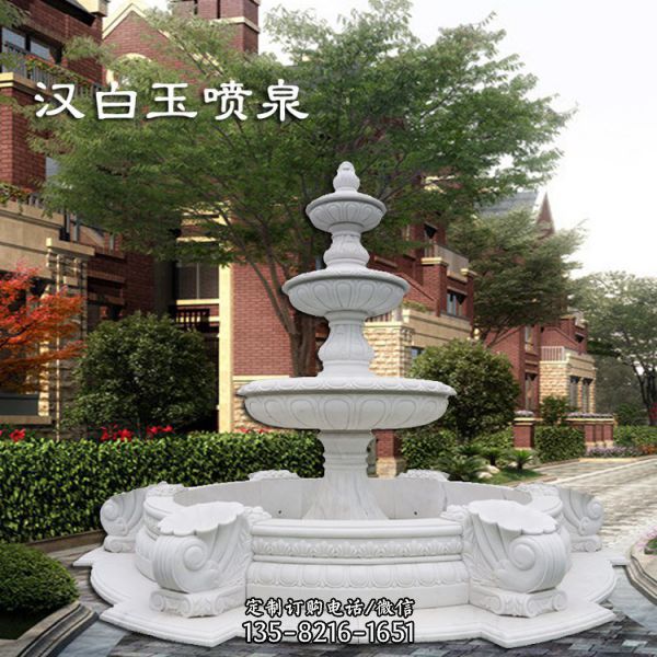 汉白玉三层欧式流水喷泉摆件别墅园林景观雕塑