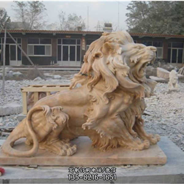 晚霞红石雕园林庭院大型狮子雕塑