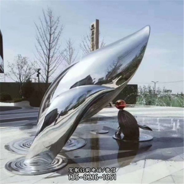 房产售楼部户外喷泉摆放不锈钢镜面鲸鱼雕塑