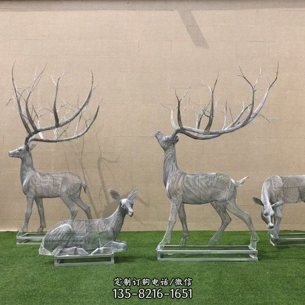 售楼部绿地摆放不锈钢丝编织条纹镂空鹿雕塑