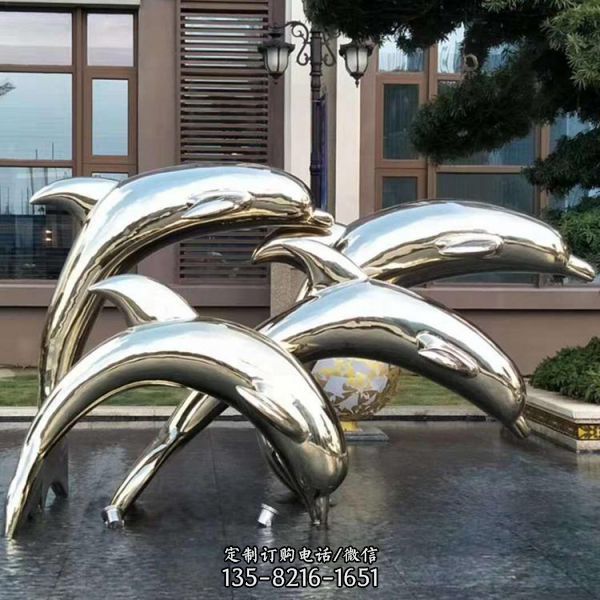 小区花园水池不锈钢镜面海豚群景观雕塑