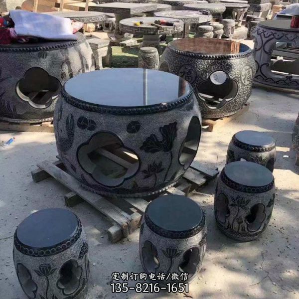  天然大理石黑浮雕镂空荷花庭院中式圆桌圆凳