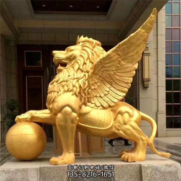 小区园林门口摆放带翅膀铜狮子动物雕塑（1）