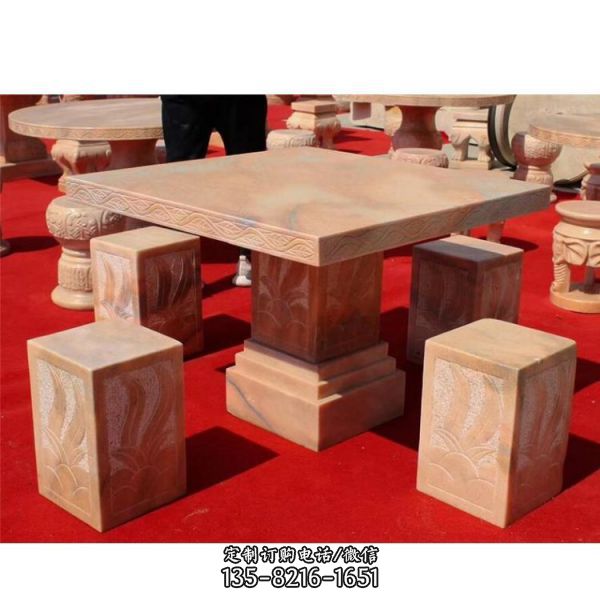 石桌石凳户外庭院石雕晚霞红大理石休闲方桌凳