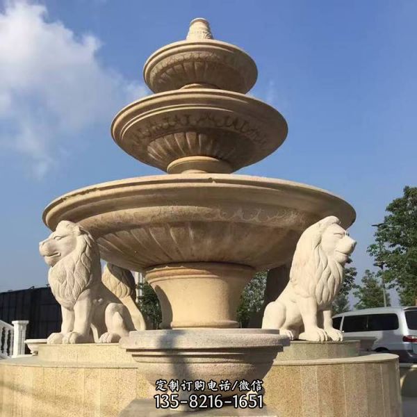 小区花园欧式黄锈岩狮子石雕三层流水喷泉水钵
