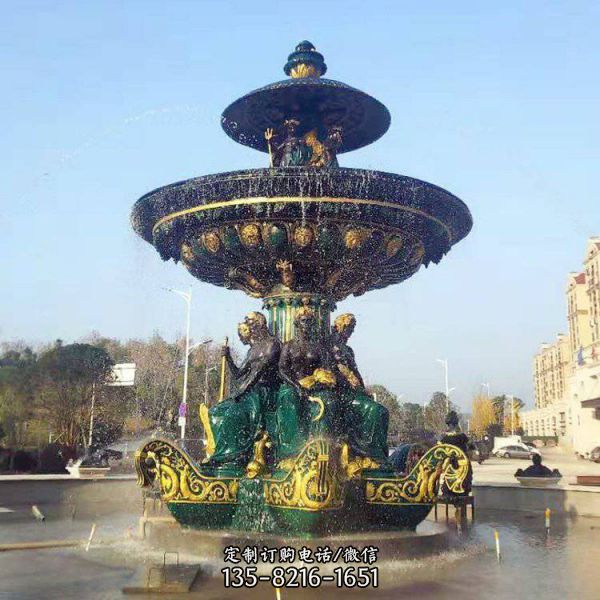 广场铸铜彩绘欧式西方人物流水喷泉雕塑·