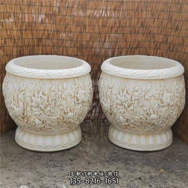 中式庭院摆放浮雕花开富贵汉白玉石缸（1）