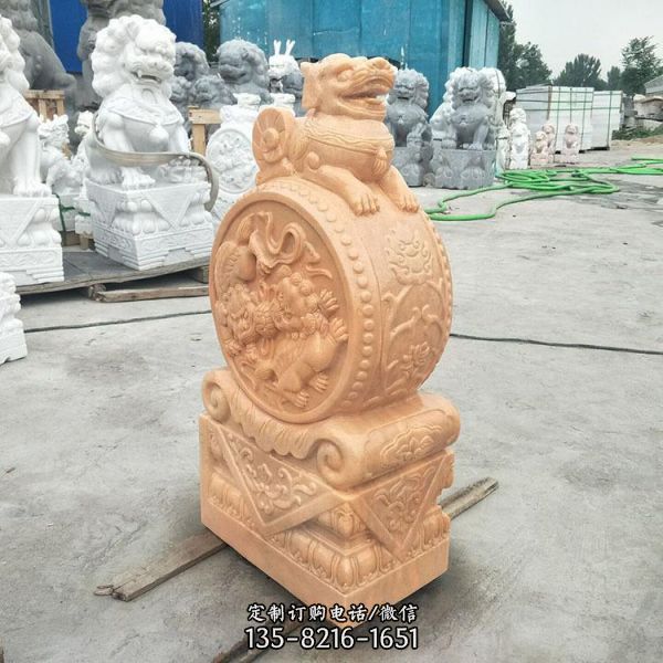 晚霞红大理石雕刻貔貅抱鼓石 中式庭院雕塑