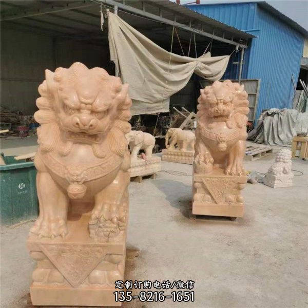 晚霞红大理石石雕户外园林大型动物景观狮子雕塑