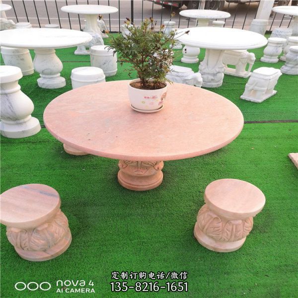 园林公园休闲凳室外晚霞红 圆桌庭院汉白玉石桌石凳雕塑（3）