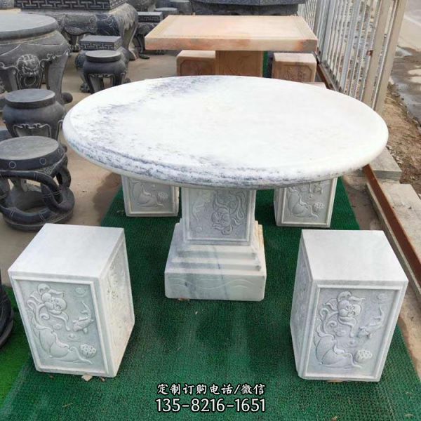 园林公园休闲凳室外晚霞红 圆桌庭院汉白玉石桌石凳雕塑（2）
