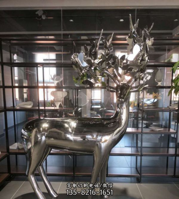 室内商场不锈钢镜面大型抽象动物梅花鹿雕塑