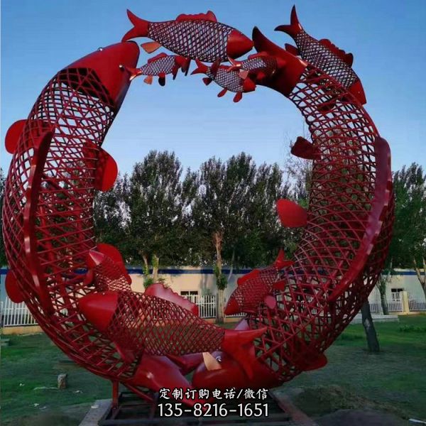 不锈钢镂空鲤鱼环绕圆环雕塑 户外公园小品摆件