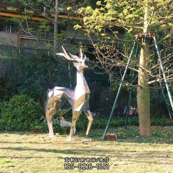 广场小区绿地不锈钢仰头镜面鹿动物雕塑