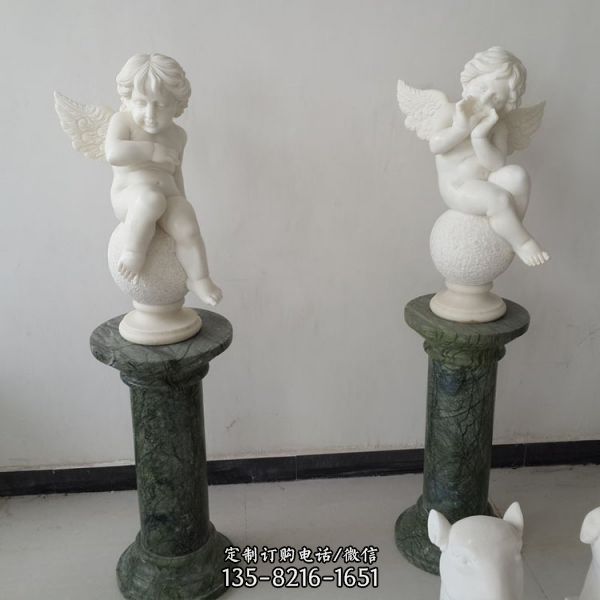 石雕小天使汉白玉带翅膀欧式西方小孩雕像室内工艺品摆件