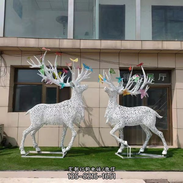 不锈钢镂空麋鹿雕塑金属 动物雕塑内置灯光鹿景观摆件（3）
