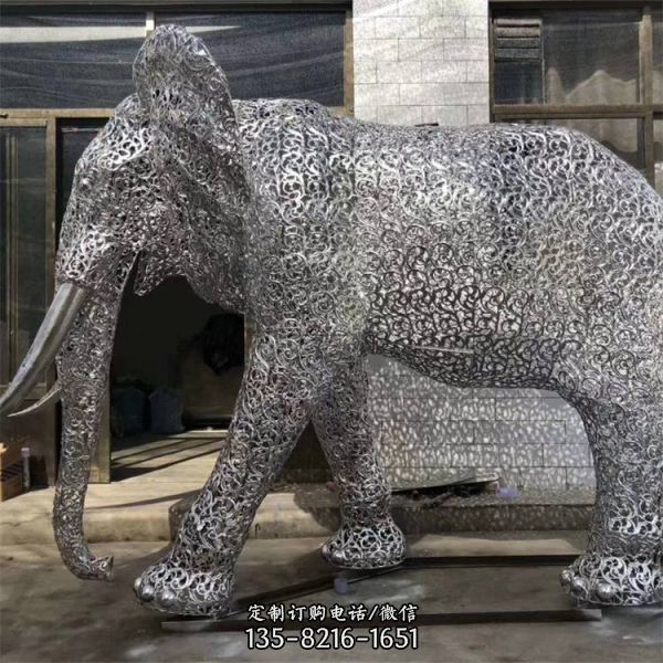 不锈钢镂空大型雕塑铁艺发光大象户外园林摆件