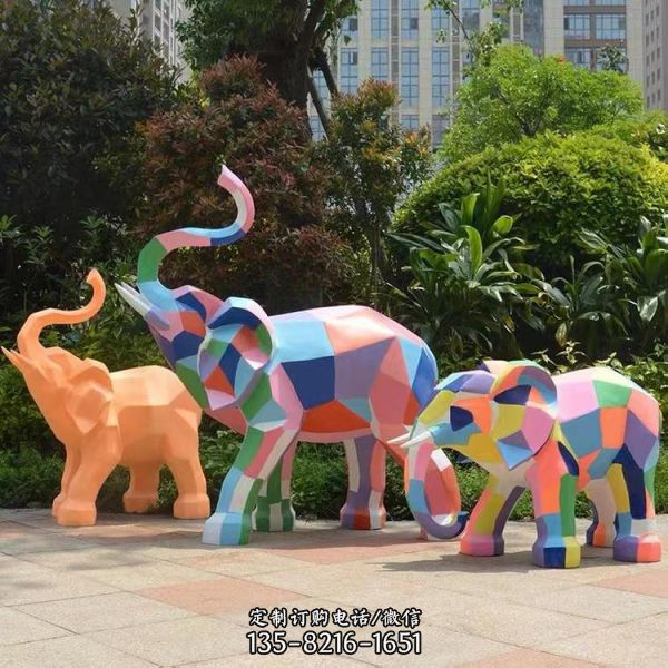 不锈钢几何彩绘抽象动物大象雕塑