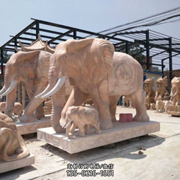 晚霞红石雕大型庭院别墅门口大象雕塑
