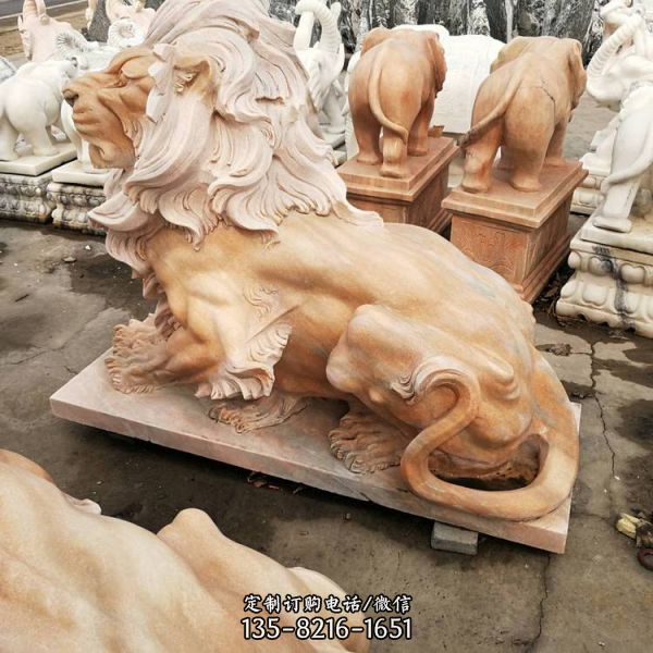 别墅庭院晚霞红石雕 大型户外门口狮子雕塑（1）