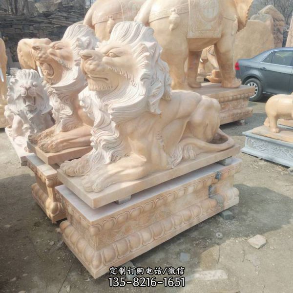 别墅庭院晚霞红石雕 大型户外门口狮子雕塑（4）