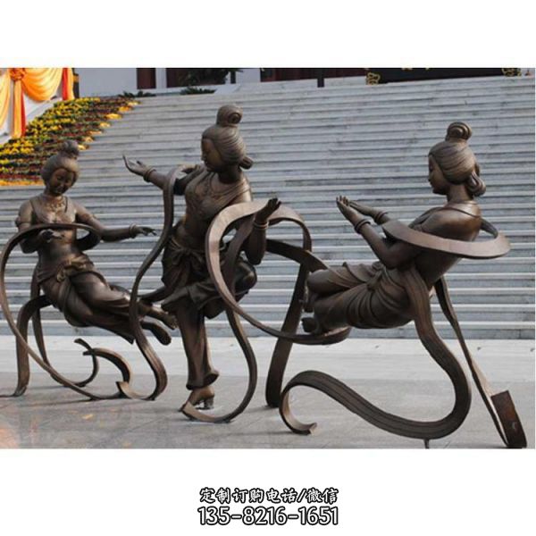 城市文化广场摆放玻璃钢仿铜古代飞天舞蹈人物雕塑