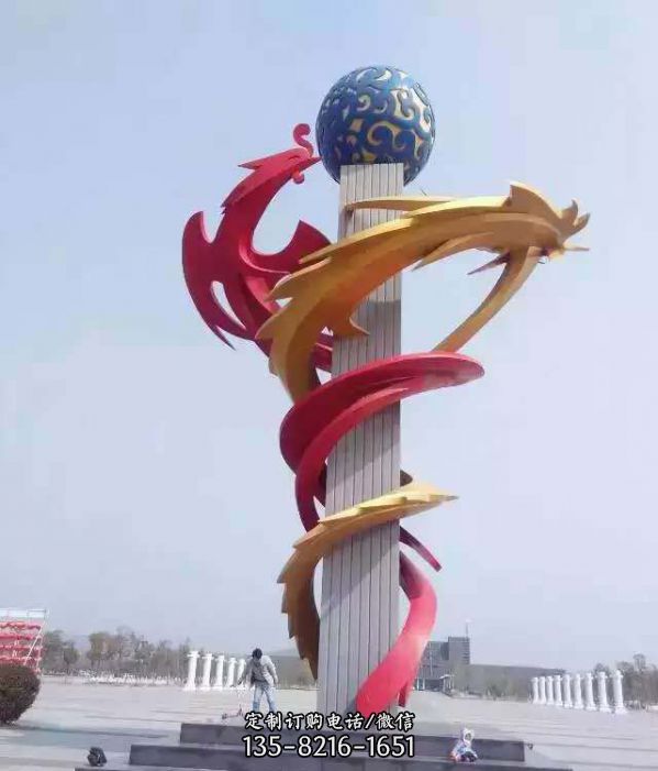 龙柱雕塑-不锈钢彩绘龙凤广场景观雕塑