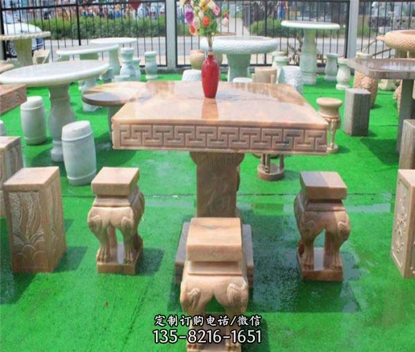 园林景观晚霞红方形桌凳石雕