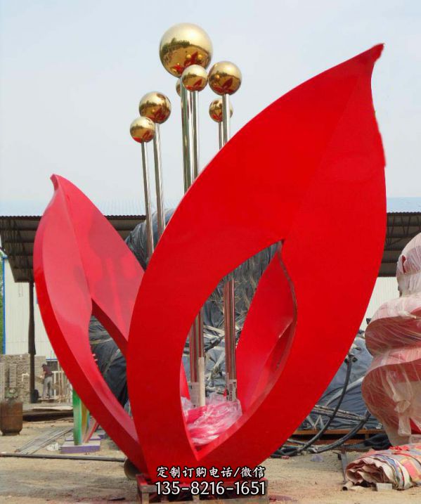 户外广场不锈钢抽象红色花朵雕塑