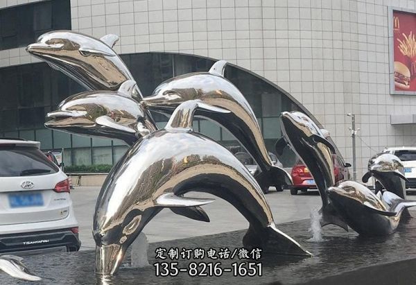 户外喷泉一群不锈钢海豚雕塑