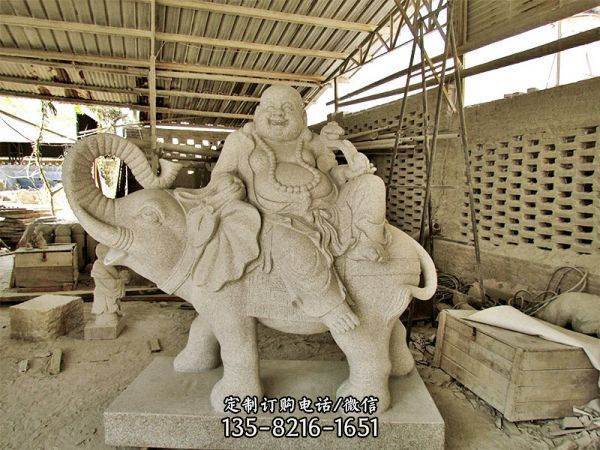 寺庙创意大理石石雕弥勒佛坐着大象背上的景观装饰品大象雕塑