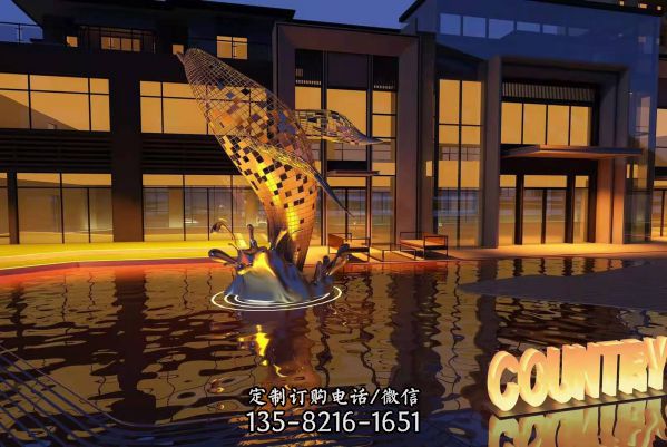 户外喷泉中的大型创意跳出水面的不锈钢镂空鲸鱼雕塑