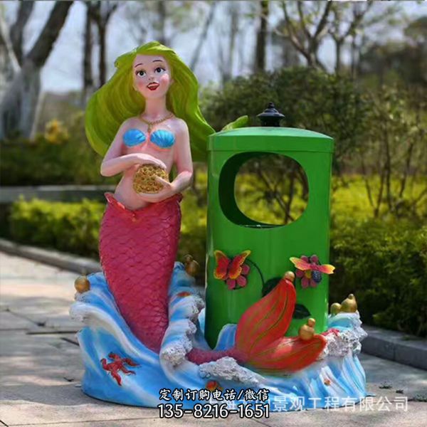 公园街道边带垃圾桶的玻璃钢彩绘美人鱼雕塑