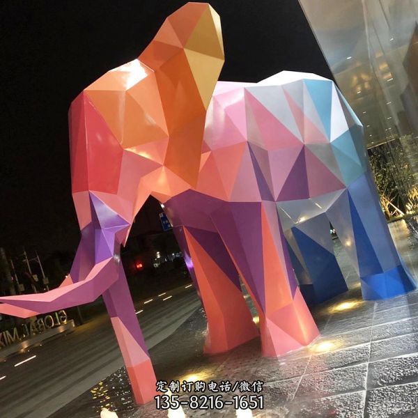 城市街道大型景观玻璃钢几何彩绘大象雕塑