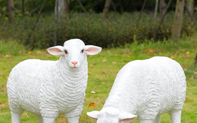 这尊雕塑，位于草坪上，由玻璃钢绵羊组成，一只羊头低…