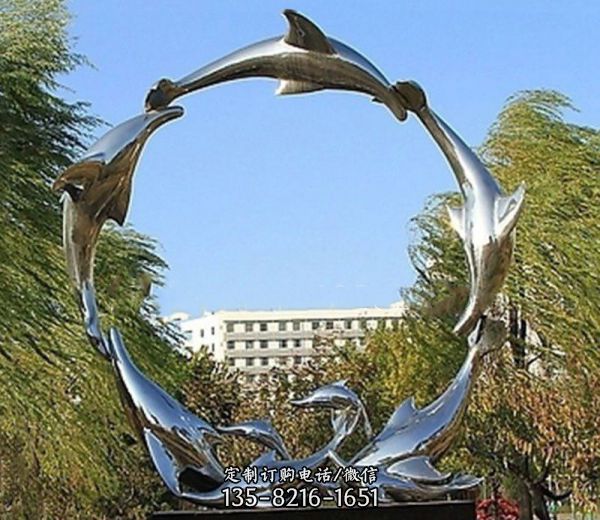 校园多只环形不锈钢海豚雕塑