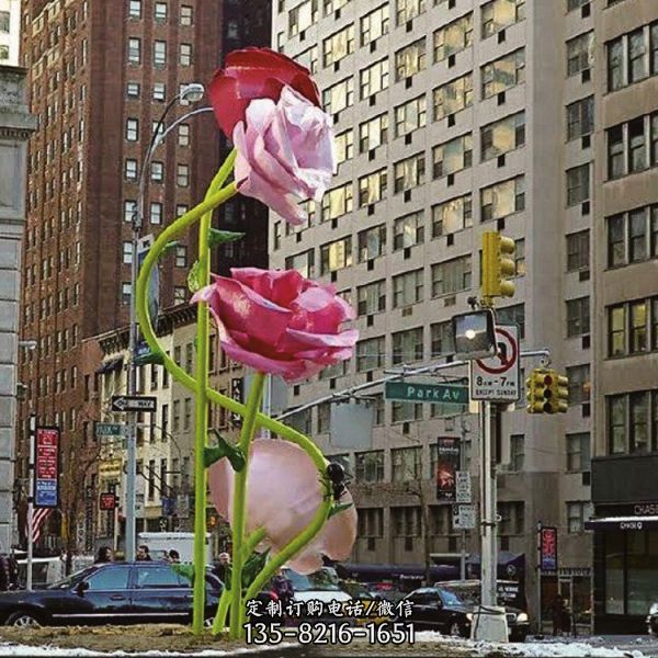 城市街道玻璃钢玫瑰花景观花朵雕塑