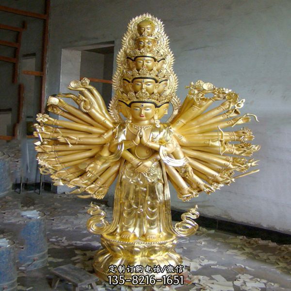 寺庙景区漆金铜雕十面千手观音雕塑